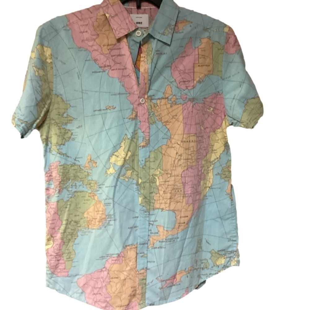 ZIP CODE Mens Map Print Short Sleeve Button Down Size S